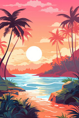 Summer tropical beach landscape background. Exotic paradise beachside on sunset.