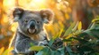 Koala bear sitting on a branch eating leaves, zoo, conservation base, 4K wallpaper, sunset, forest, environmental protection, animal care theme.Caring Koala: Embracing Nature's Harmony