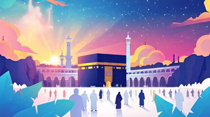 Sticker - Colorful banner design celebrating the blessings of Eid al-Adha with a symbolic illustration of the Kaaba and pilgrims performing Hajj