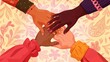 © ItziesDesign - Closeup of hands of different ethnicities together, forming a circle, symbolizing unity and peace across cultures, with a soft, hopeful background