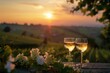Two glasses of sparkling wine set against a breathtaking sunset in a lush vineyard. Perfect for depicting relaxation, romance, and luxury in nature.