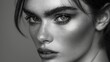 A dramatic black-and-white portrait of a model with a smoky eye and sculpted cheekbones, exuding an aura of mystery and allure as she locks eyes with the camera.