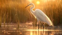 A Painting Of A Great White Egret Standing In A Marsh At Sunset. The Egret Is White With A Long, Pointed Beak And Black Legs. 