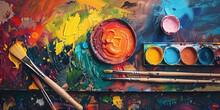 A Colorful Palette Of Paint And Brushes On An Artist's Table,  Creativity In Art Or Design. 