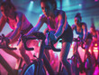 Indoor cycling workout: people concentrating and cycling in a dynamic atmosphere. 22