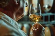 Close-up of a senior man carefully examining the color and texture of white wine in a glass, with wine barrels in the background.