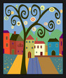 A whimsical tree with spiral branches and decorative orbs bearing intricate patterns dominates the center of a colorful townscape. Vividly colored houses