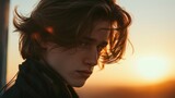 Fototapeta Big Ben - A cinematic portrait of a young model bathed in the soft glow of twilight, his contemplative expression and windswept hair lending an air of quiet mystery and romanticism to the scene.
