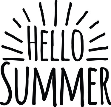 Handwritten lettering quote of Hello Summer with sun rays. ZIP file contains EPS, JPEG and PNG formats.