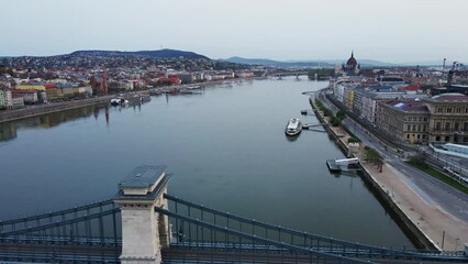 Poster - Panoramic view on skyline of Budapest city with Chain Bridge along Danube River. Architecture of capital of Hungary with historical buildings and famous landmarks