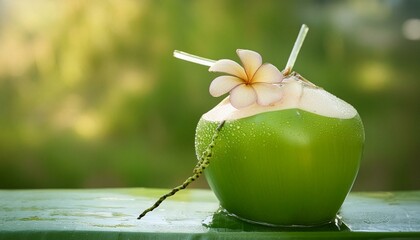 Wall Mural - Green Coconut Water Drink: Isolated on Green Background