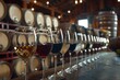 A stunning row of wine glasses filled with a variety of wines set against a backdrop of wooden barrels in a winery cellar, under soft lighting.