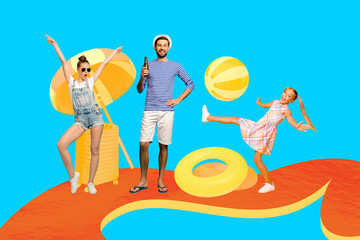 Wall Mural - Creative collage image young happy family beach weekend vacation beer bottle ball kid girl positive mood drawing background