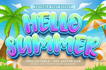 Poster - hello summer 3d text effect and editable text effect with a beach background