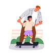 Father helping kid on skateboard. Dad teaching happy son child ride skate board, holding hands for support. Active family time outdoors. Flat vector illustration isolated on white background