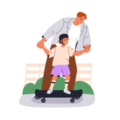 Poster - Father helping kid on skateboard. Dad teaching happy son child ride skate board, holding hands for support. Active family time outdoors. Flat vector illustration isolated on white background