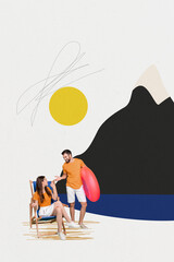 Wall Mural - Vertical photo image picture young couple happy positive mood wild nature vacation weekend mountain lake sea sun drawing background