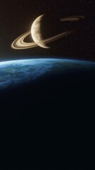 Wall Mural - the camera ascends from the shadow zone to the surface of a blue planet showing in the middle the vi