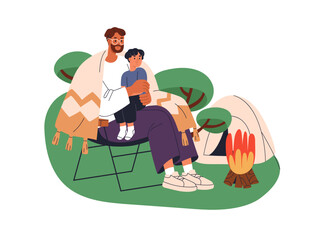 Canvas Print - Father and son camping. Dad and kid sitting by fire at campsite. Summer outdoor adventure together. Happy family campers spending time in nature. Flat vector illustration isolated on white background