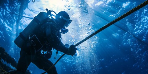 a diver in a heavy-duty suit welds a protective sheath onto a broken undersea cable