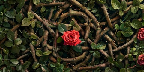 Canvas Print - A rose is surrounded by branches and leaves