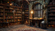The wizards room with library old books potion