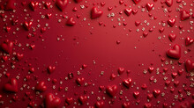 Red Wallpaper Pattern With Hearts Made Of Pearls, Floating Bows, Volumetric Light, High Detail Render