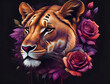 Kopf einer Löwin im Profil mit Rosen Halsband