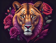Kopf einer Löwin, umgeben vor roten Rosen