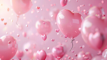 Wall Mural - Realistic pink one big balloons and one big hearts scattered in the air