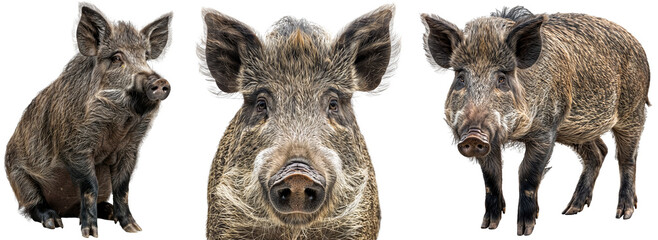 Wall Mural - wild boar collection, sitting, portrait and standing, animal bundle isolated on a white background