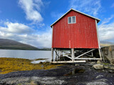 Fototapeta  - old typical red hut on stilts at the edge on the sea in Sweden scandinavia