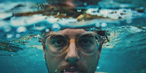 A man in glasses is underwater, looking up at the camera