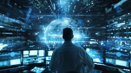 Poster - Quantum scientist in a research facility, intellectual, studying advanced computing models, intense and futuristic, styled as abstract digital art.