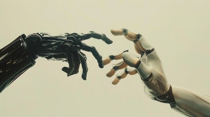 Poster - Robot and Human Hands - The touching hands of a robot and a human against a plain white background, symbolizing unity and cooperation, styled in a sleek, futuristic art style.