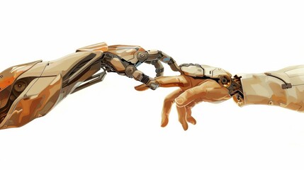 Poster - Robot and Human Hands - The touching hands of a robot and a human against a plain white background, symbolizing unity and cooperation, styled in a sleek, futuristic art style.