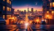 A street scene of San Francisco at dusk, that captures the city's glittering lights