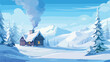 Winter cartoon house with smoke from chimney in fan