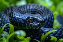 Black Rat Snake: Slithering Through Grass With Glossy Black Scales, Representing Wildlife.