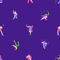Poster - Seamless carnival pattern. Festival background with circus artists, acrobat, clown, harlequin, juggler, carnaval characters. Endless holiday print for fabric, wrapping design. Flat vector illustration