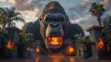 Fototapeta  - Entrance to The Kong Skull Island with a Gorilla face and burning torches at the Universal Studios