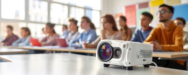 A white projector is placed on the table in front of students sitting at desks