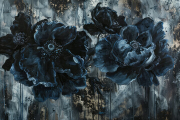 abstract painting with dark blue flowers background