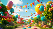 3D Vector Of A Lively Summer Festival Scene, Balloons And Flags, Festive And Vibrant Community Celebration