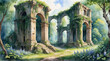 Ancient ruin covered by green vines in the dense forest, watercolor painting style, generative AI.
