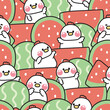 Repeat.Seamless pattern of cute hen in various poses with big watermelon fruit background.Farm chicken animal character cartoon design.summer.fresh.Kawaii.Vector.Illustration.