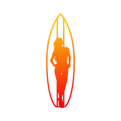 Canvas Print - Logo club de surf. Silueta de mujer de pie frente a tabla de surf lineal