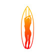 Logo club de surf. Silueta de mujer de pie frente a tabla de surf lineal
