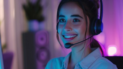Wall Mural - A woman wearing a headset is smiling at the camera