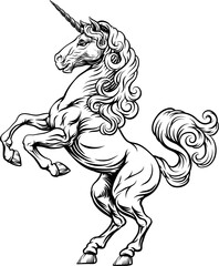 Wall Mural - Unicorn horn horse mythological animal from myth. For a crest in rampant pose. Heraldic coat of arms heraldry design element in a vintage illustration style.